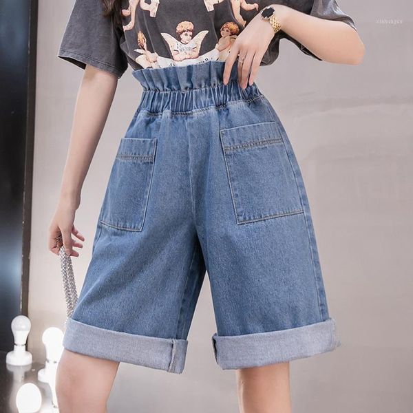 women jeans elastic high waist denim pants knee length wide leg pants plus size loose half softener jeans trousers s-5xl1, Blue