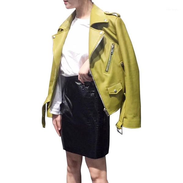 2019 new fashion women autumn candy color leather jackets zipper basic sheepskin coat turndown collar biker jacket with belt1, Black
2019 new fashion women autumn candy color leather jackets zipper basic sheepskin coat turndown collar biker jacket with belt1, Black