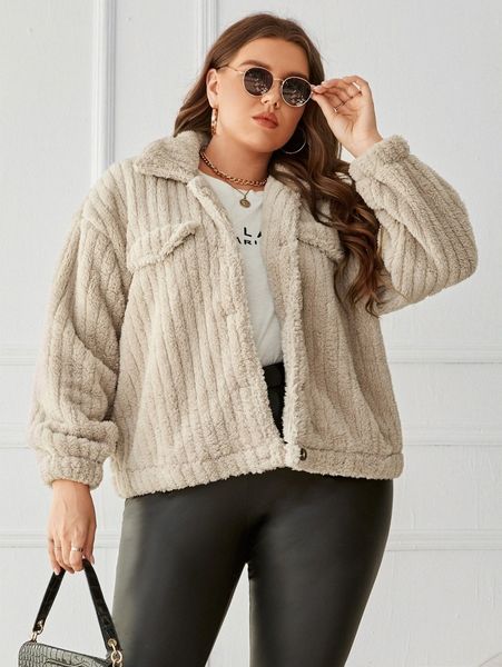 plus drop shoulder teddy jacket i8j4#, Black