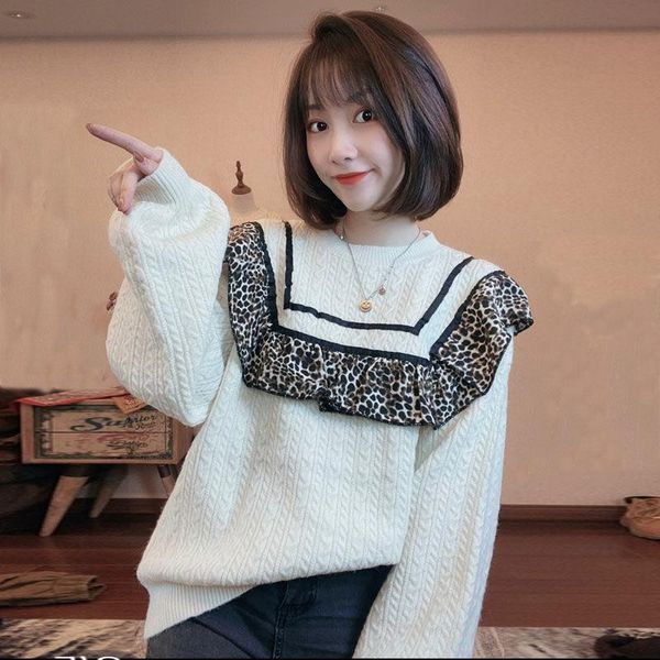 sweater woman autumn/winter wear 2021 new round-necked head leopard print thick loose-sleeved knitted top, White;black
sweater woman autumn/winter wear 2021 new round-necked head leopard print thick loose-sleeved knitted top, White;black