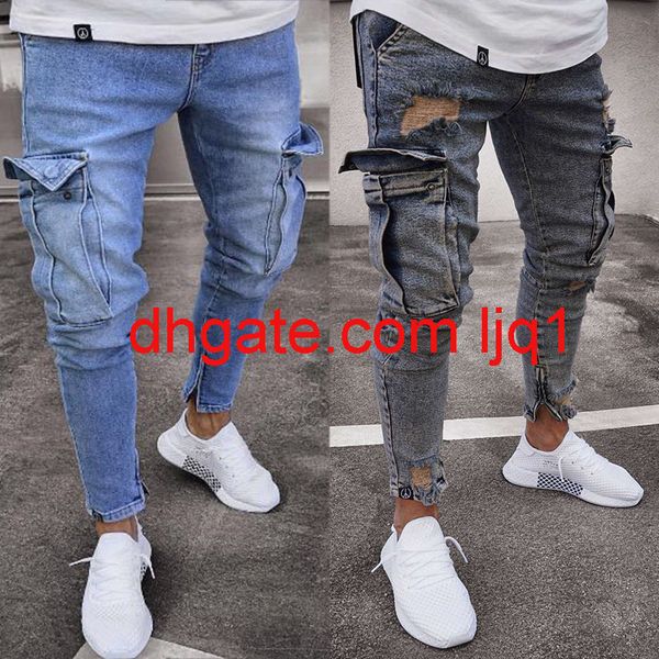 stretch men's jeans trend knee hole zipper leg pants, Blue