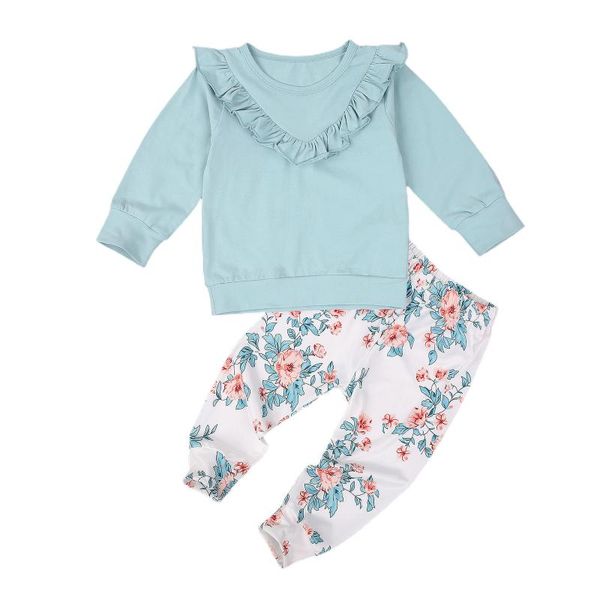 clothing sets toddler baby girl 1t-6t clothes long sleeve round neck ruffle pullover floral print trousers 2pcs outfits casual, White