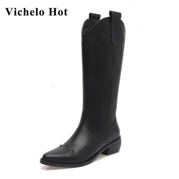 vichelo split leather pointed toe med heel western boots simple style solid mature young lady elegant knee-high boots l391, Black
vichelo split leather pointed toe med heel western boots simple style solid mature young lady elegant knee-high boots l391, Black