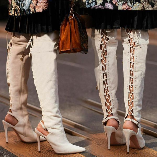 emma king autumn suede pointed toe boots back lace up the knee high boots cross tied thin high heels runway shoes1, Black
emma king autumn suede pointed toe boots back lace up the knee high boots cross tied thin high heels runway shoes1, Black