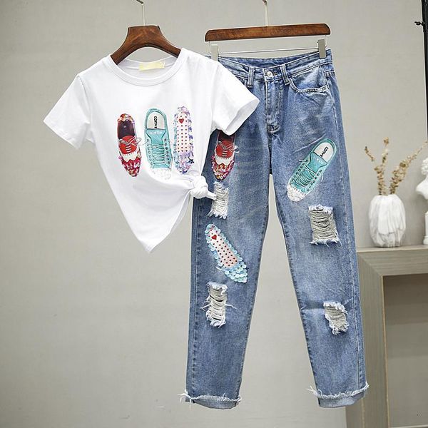 pearl sequined beaded shoes cartoon 2 pieces set women 2020 summer holes denim jeans short sleeve t shirt casual pant suits, Gray
pearl sequined beaded shoes cartoon 2 pieces set women 2020 summer holes denim jeans short sleeve t shirt casual pant suits, Gray