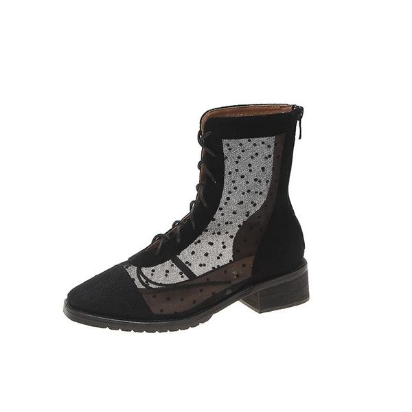boots with mesh short summer breathable 2021 wild women's thick british style thin belt ladies shoes, Black