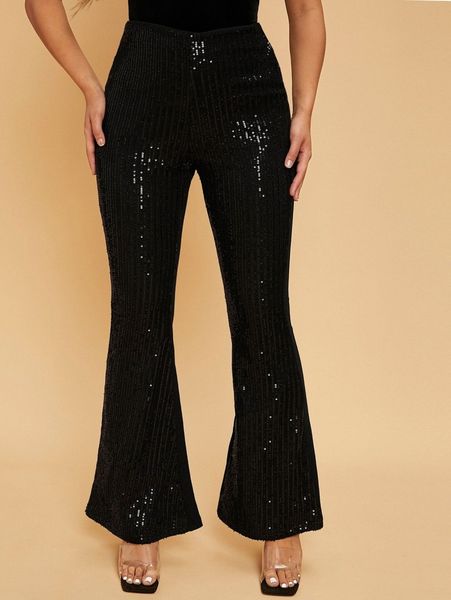 flare leg sequin pants 80ia#, Black;white