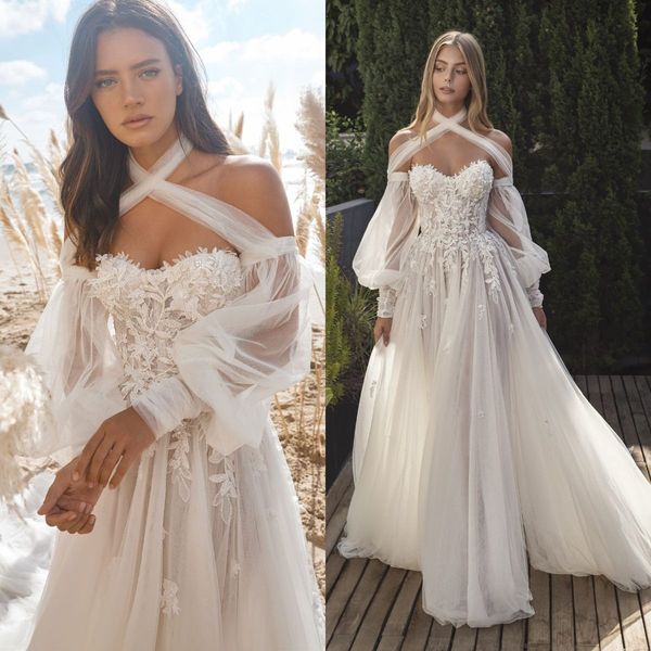 designer a line wedding dresses halter sleeveless soft tulle lace applique bridal gowns floor train vestidos de novia, White
designer a line wedding dresses halter sleeveless soft tulle lace applique bridal gowns floor train vestidos de novia, White