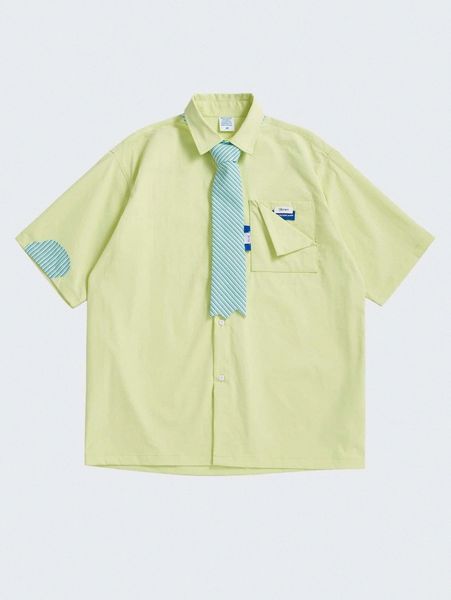 men button front patch pocket shirt with necktie i1he#, White;black 
men button front patch pocket shirt with necktie i1he#, White;black