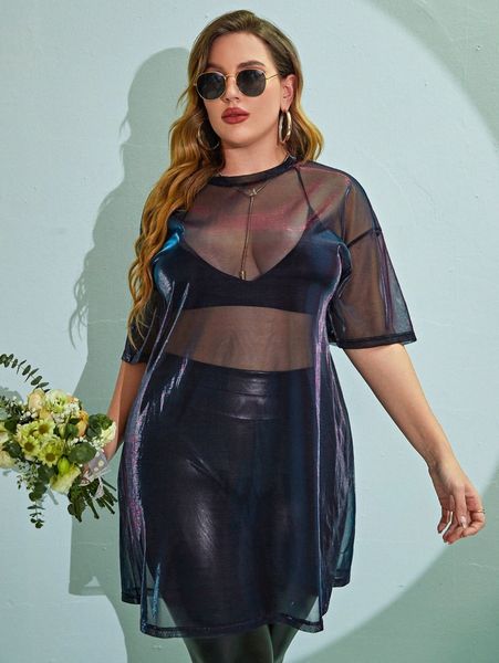 plus drop shoulder see through mesh without bra u6vt#, Black 
plus drop shoulder see through mesh without bra u6vt#, Black