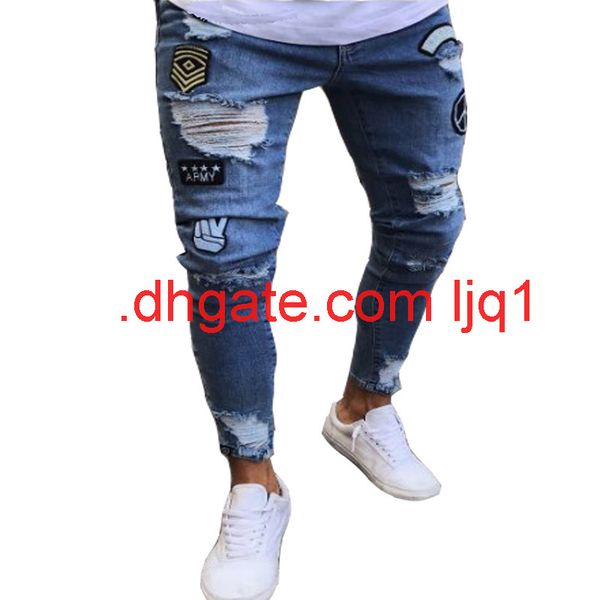 men's jeans, pierced embroidery badge tights, Blue