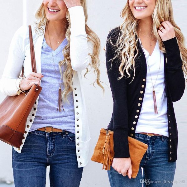 women casual fashion v-neck button down knitwear long sleeve soft basic knit snap ladies cardigan sweater, White;black