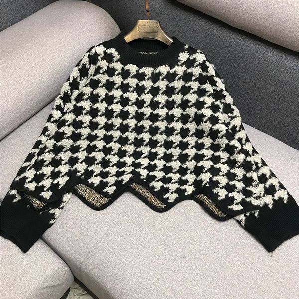 designer pullover luxury designer brand knitted sweater for women vintage o neck houndstooth irregular wavy pattern loose knitte, White;black
designer pullover luxury designer brand knitted sweater for women vintage o neck houndstooth irregular wavy pattern loose knitte, White;black