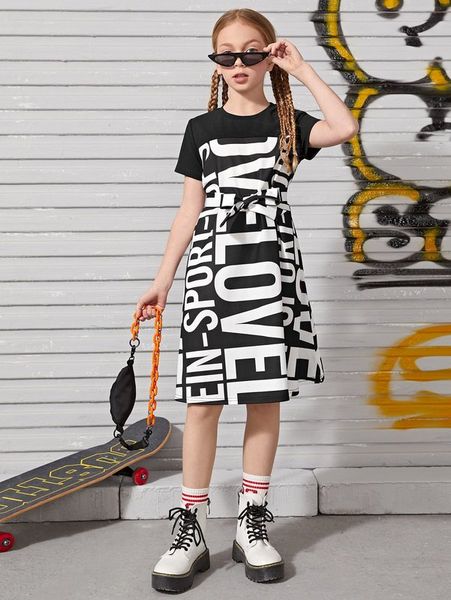 girls self belted letter graphic dress she, Red;yellow 
girls self belted letter graphic dress she, Red;yellow