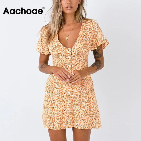 aachoae summer floral print vintage mini dress women deep v neck boho beach dresses female short sleeve casual button dress, Black;gray
aachoae summer floral print vintage mini dress women deep v neck boho beach dresses female short sleeve casual button dress, Black;gray