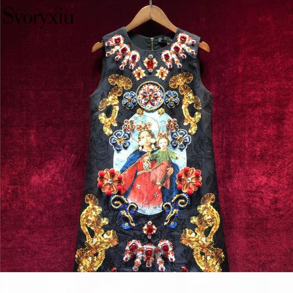 svoryxiu vintage black mini dress women's sleeveless luxurious diamonds our lady print ladies party runway dress 2018 y19012102, Black;pink
svoryxiu vintage black mini dress women's sleeveless luxurious diamonds our lady print ladies party runway dress 2018 y19012102, Black;pink