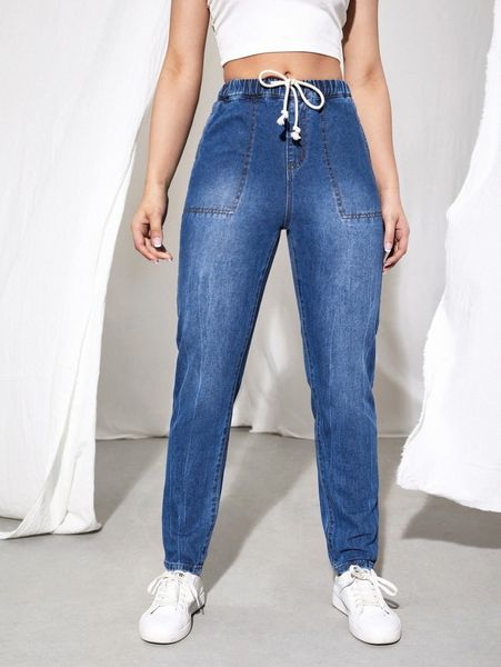drawstring knot mom jeans s9nk#, Blue