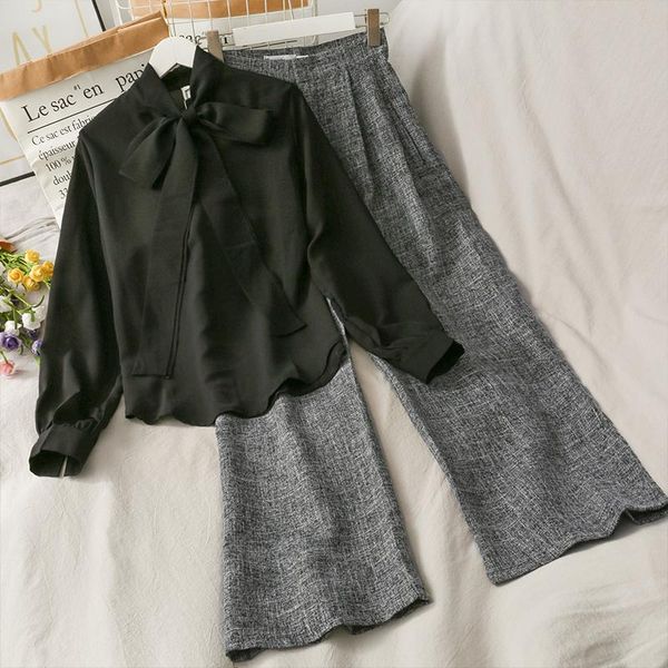 women's tracksuits vintage women pant sets casual streetwear solid stand bow collar black blouse +high waist wide leg long pants female, Gray
women's tracksuits vintage women pant sets casual streetwear solid stand bow collar black blouse +high waist wide leg long pants female, Gray