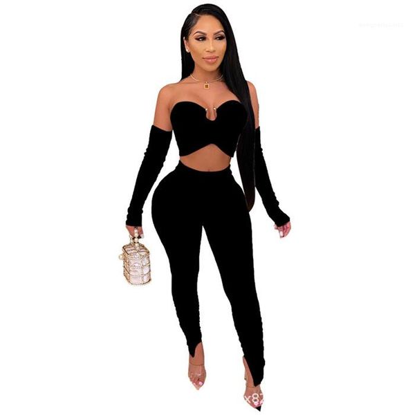 with long sleeve high waist trousers ladies two piece pants women breast wrap clothing suit irregular crop top, White
with long sleeve high waist trousers ladies two piece pants women breast wrap clothing suit irregular crop top, White