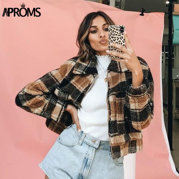 aproms vintage brown plaid trucker jacket women autumn winter warm teddy basic cropped coat female streetwear fashion outerwear 201026, Black;brown
aproms vintage brown plaid trucker jacket women autumn winter warm teddy basic cropped coat female streetwear fashion outerwear 201026, Black;brown