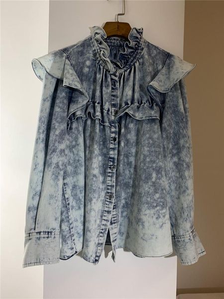 women's blouses & shirts woman blouse faded grey washed denim blue shirt frilled collar long sleeves ruffled front buttons up fashion, White
women's blouses & shirts woman blouse faded grey washed denim blue shirt frilled collar long sleeves ruffled front buttons up fashion, White