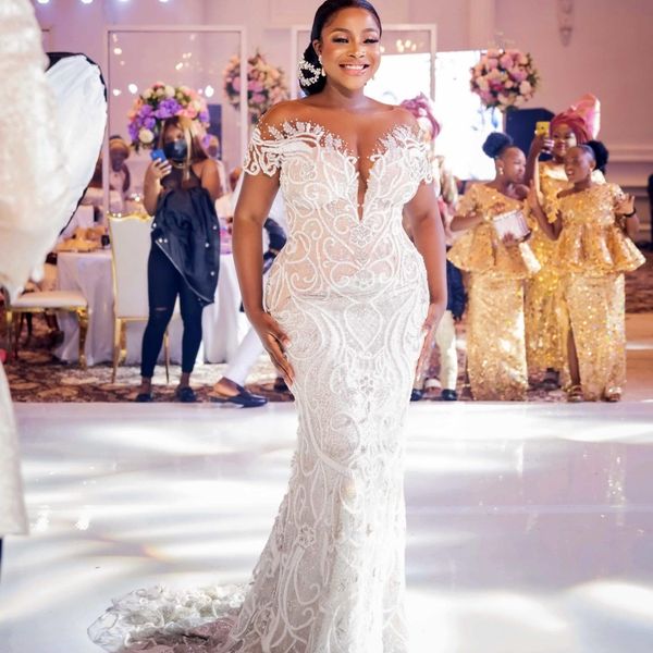 2022 african mermaid wedding dresses sheer neckline short sleeve bridal gowns lace applique customise second reception dress, White
2022 african mermaid wedding dresses sheer neckline short sleeve bridal gowns lace applique customise second reception dress, White