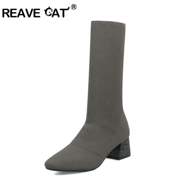 reave cat flock boots female med heels shoes fashion shoes woman stretch fabric solid sock boots thick heel slip on a1119, Black
reave cat flock boots female med heels shoes fashion shoes woman stretch fabric solid sock boots thick heel slip on a1119, Black