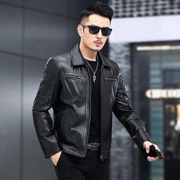 men's leather & faux autumn haining first layer tire coat lapel leisure motorcycle jacket, Black
men's leather & faux autumn haining first layer tire coat lapel leisure motorcycle jacket, Black