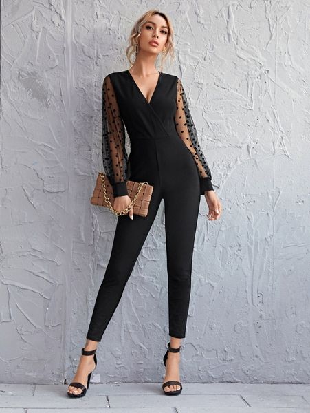 surplice neck polka dot flocked mesh sleeve self belted jumpsuit r51z#, White
surplice neck polka dot flocked mesh sleeve self belted jumpsuit r51z#, White