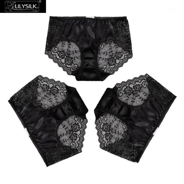 women's panties lilysilk silk 3 pack bikini femine lace black 1, Black;pink