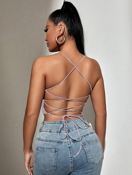 sxy backless lace up crop cami b3dd#, White