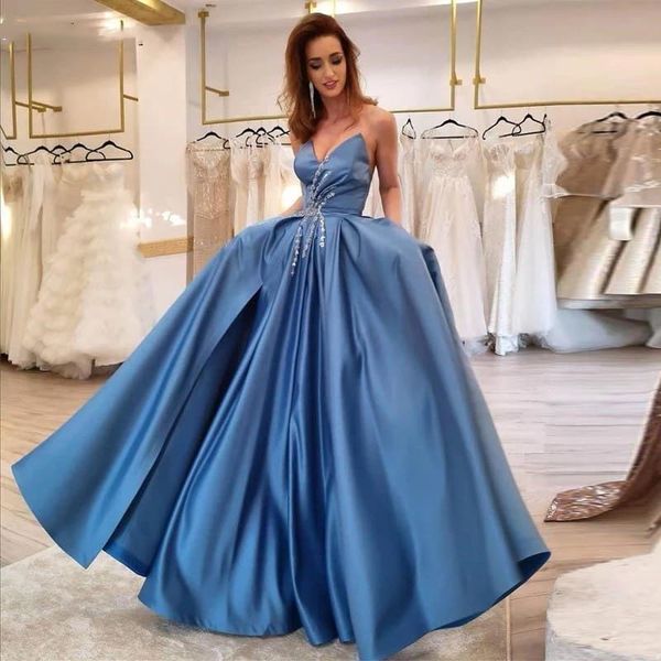 blue satin princess prom dresses 2021 a-line sweetheart neck beaded elegant party gowns split front long formal lady dress, Black
blue satin princess prom dresses 2021 a-line sweetheart neck beaded elegant party gowns split front long formal lady dress, Black