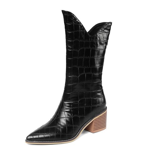 2020 fashion pointed toe mid calf boots women faux leather square high heel knee high boots autumn winter western female, Black
2020 fashion pointed toe mid calf boots women faux leather square high heel knee high boots autumn winter western female, Black