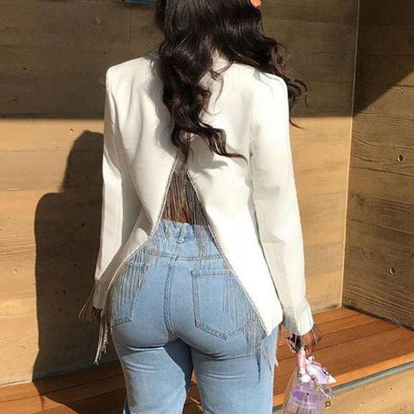 women tassels blazer back split slim elegant long sleeve notched collar ladies coats blazers 2020 autumn female casual outwear, White;black
women tassels blazer back split slim elegant long sleeve notched collar ladies coats blazers 2020 autumn female casual outwear, White;black