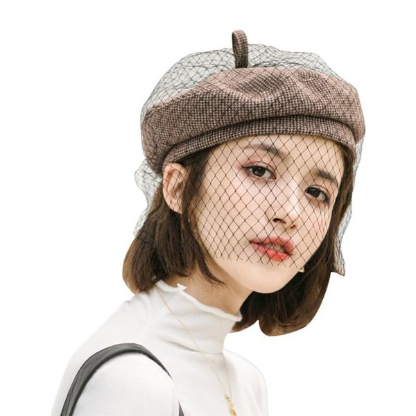 women ladies vintage elegant solid color beret cap with netting mesh veil winter retro british french painter beanie hat, Blue;gray
women ladies vintage elegant solid color beret cap with netting mesh veil winter retro british french painter beanie hat, Blue;gray