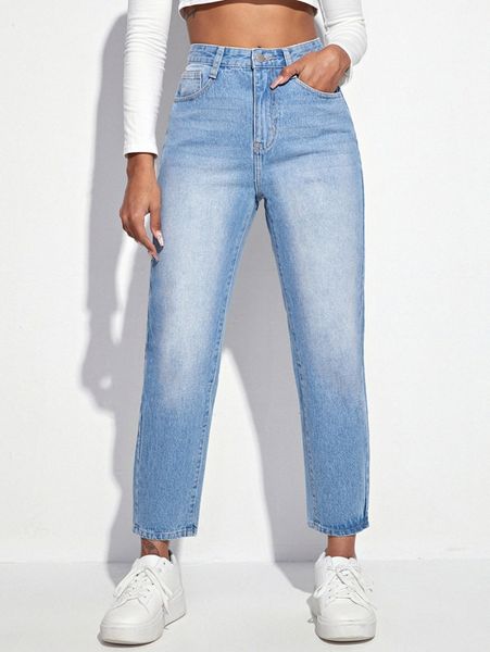 zipper fly straight leg jeans 90li#, Blue
