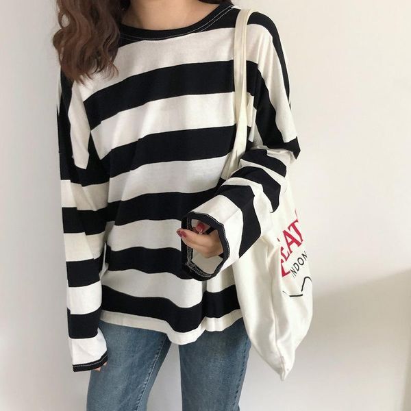 women's t-shirt korean version of loose autumn long-sleeved women striped all-match clothes, White
women's t-shirt korean version of loose autumn long-sleeved women striped all-match clothes, White