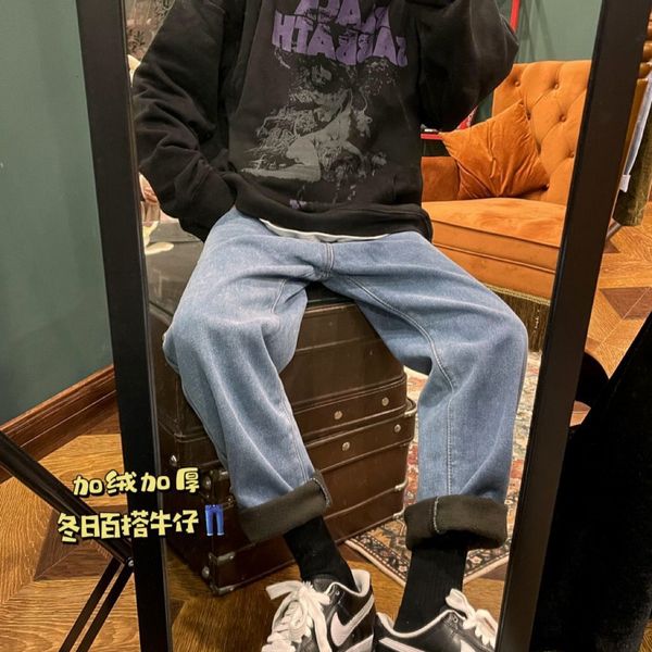 2021 new men's thicken warm fleece woman casual loose straight denim pants korean streetwear male jeans clothing i2pd, Blue
2021 new men's thicken warm fleece woman casual loose straight denim pants korean streetwear male jeans clothing i2pd, Blue