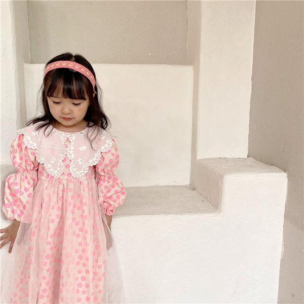 2020 Autumn Girls Flower Large Lapel Princess Dress Toddler Children Long Sleeve With Lace Bubble Cotton Fashion Sweet Dresses