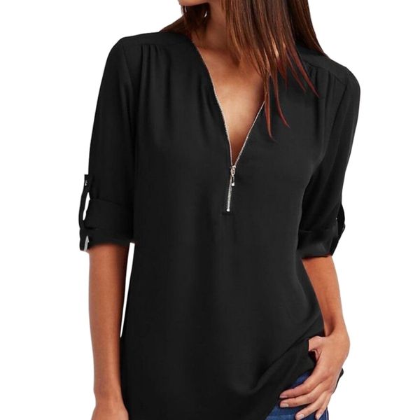 women's t shirts plus size t-shirt fashion casual solid tee summer new v-neck zipper half sleeved chiffon top, White
women's t shirts plus size t-shirt fashion casual solid tee summer new v-neck zipper half sleeved chiffon top, White