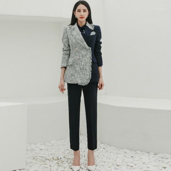 2020 korea autumn woolen patchwork work blazer coat slim long pant office two piece clothing sets1, White
2020 korea autumn woolen patchwork work blazer coat slim long pant office two piece clothing sets1, White