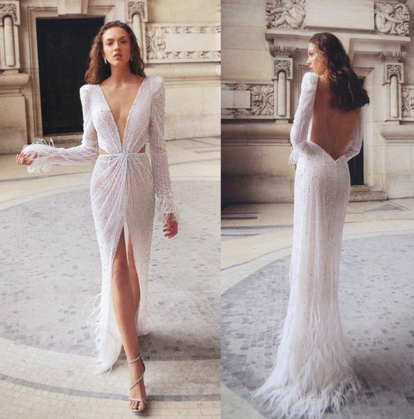 side split mermaid wedding dresses backless long sleeves full crystal pearls beading feather wedding dress floor length bridal gowns, White 
side split mermaid wedding dresses backless long sleeves full crystal pearls beading feather wedding dress floor length bridal gowns, White
