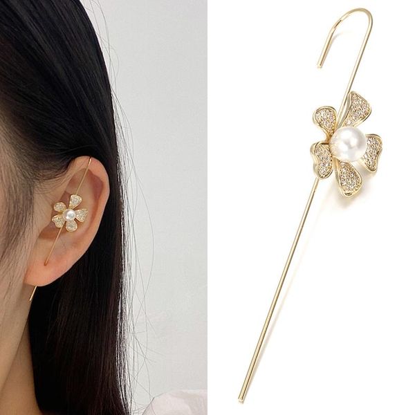 stud kinel fashion pearl zircon flower earrings for woman geometric cross chain hook climber cuff gifts, Golden;silver