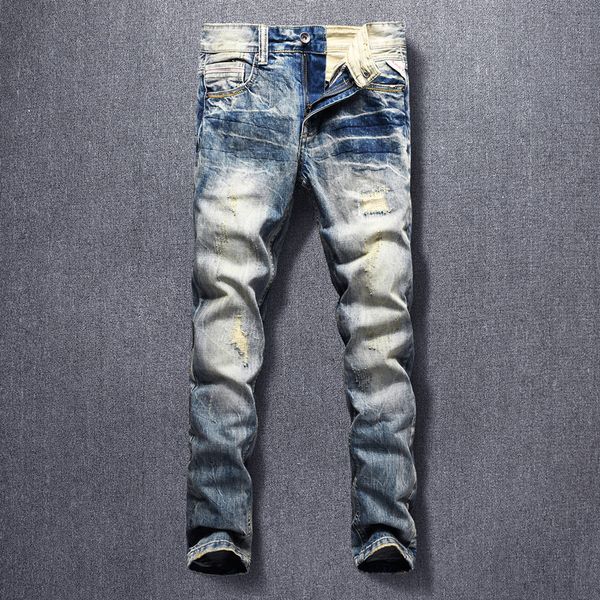 2021 new italian style fashion men jeans slim fit ripped denim trousers retro wash patchwork designer vintage hip hop pants 90l, Blue
2021 new italian style fashion men jeans slim fit ripped denim trousers retro wash patchwork designer vintage hip hop pants 90l, Blue