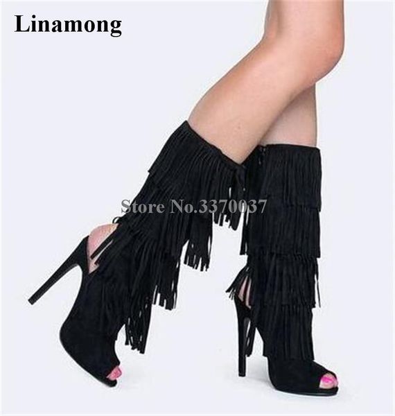 boots women elegant peep toe black suede leather thin heel gladiator tassels cut-out fringed mid-calf high dress shoe
boots women elegant peep toe black suede leather thin heel gladiator tassels cut-out fringed mid-calf high dress shoe