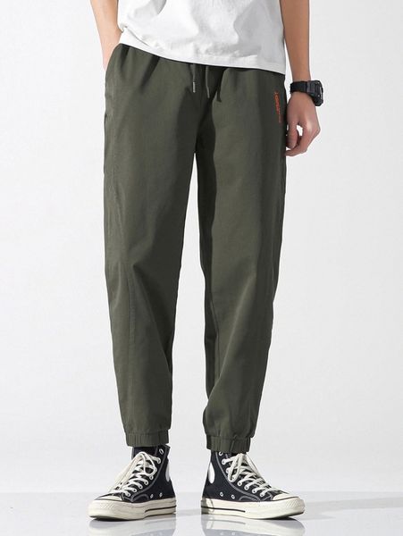 men drawstring waist slogan embroidered pants d0pi#, Black 
men drawstring waist slogan embroidered pants d0pi#, Black