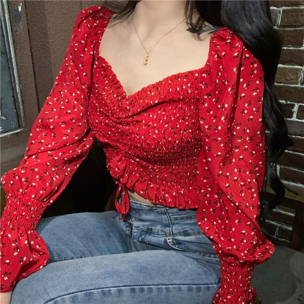women's blouses & shirts women full flare sleeve print flower chiffon tee girls draw string crop for female, White 
women's blouses & shirts women full flare sleeve print flower chiffon tee girls draw string crop for female, White