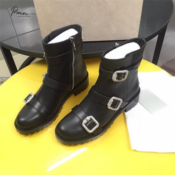 prowow fashion black real leather women motorcycle boots crystal buckle thick low heel women autumn winter boots shoes