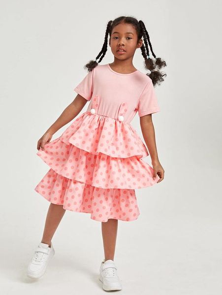 girls polka dot print pom layered hem dress she, Red;yellow 
girls polka dot print pom layered hem dress she, Red;yellow