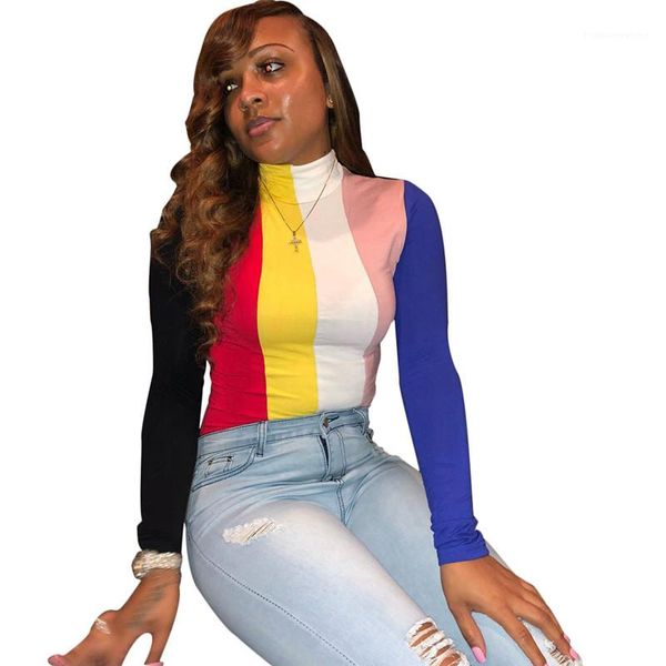 color striped tshirts fashion long sleeved spring autumn slim high collar tees womens designer candy, White
color striped tshirts fashion long sleeved spring autumn slim high collar tees womens designer candy, White
